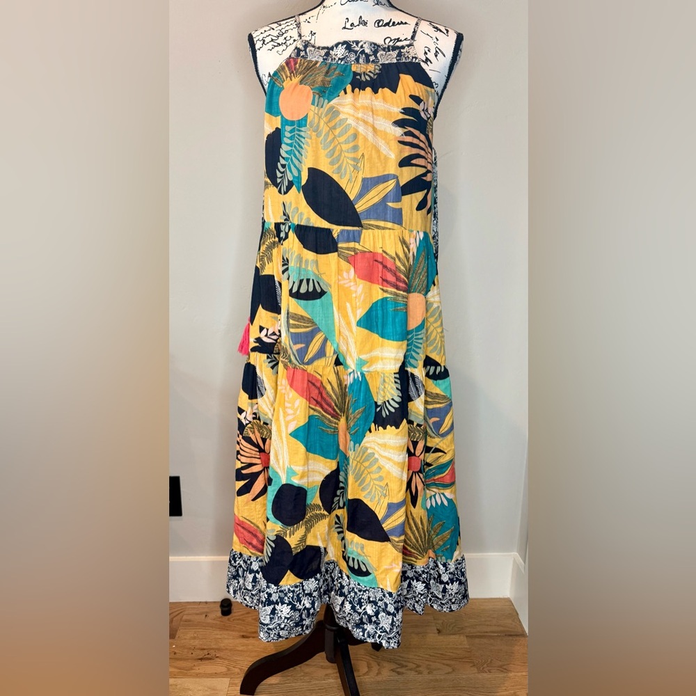 THML Colorful Tropical Print Tiered A-Line Midi Skirt, Size SMALL